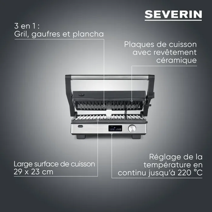 Severin KG 2380 - Gril 3-en-1 Gaufrier Croque-Monsieur - 2000 W - 3 jeux de plaques interchangeables antiadhésives - Écran LED - Noir/Inox