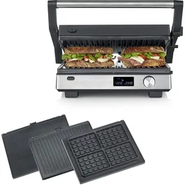 Severin KG 2380 - Gril 3-en-1 Gaufrier Croque-Monsieur - 2000 W - 3 jeux de plaques interchangeables antiadhésives - Écran LED - Noir/Inox
