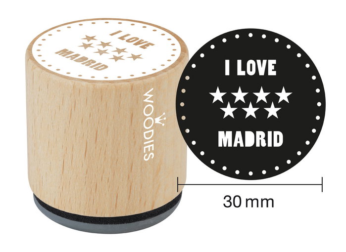 Woodies Tampon en bois et caoutchouc I love Madrid étoiles 33x30mm Woodies Tampon en bois et caoutchouc I love Madrid étoiles 33x30mm