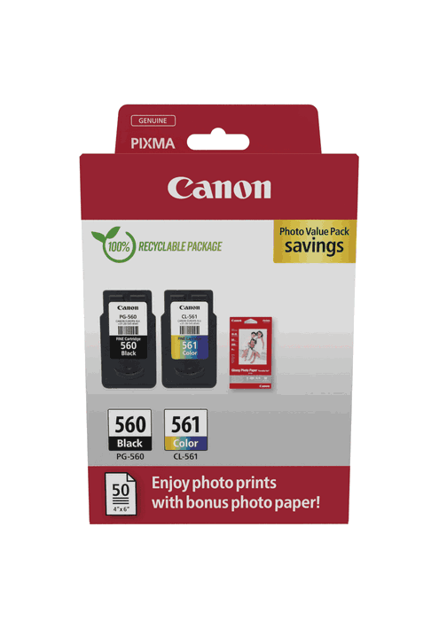 Canon Pack de valeur PG-560 Noir et CL-561 Couleur avec papier photo Canon Pack de valeur PG-560 Noir et CL-561 Couleur avec papier photo