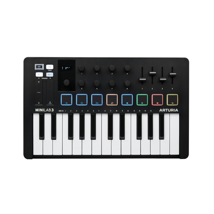 ARTURIA Minilab 3 Black - Contrôleur MIDI USB compact avec pads RGB, encodeurs, faders, écran, pitch bend capacitif, sortie MIDI DIN, noir ARTURIA Minilab 3 Black - Contrôleur MIDI USB compact avec pads RGB, encodeurs, faders, écran, pitch bend capacitif, sortie MIDI DIN, noir