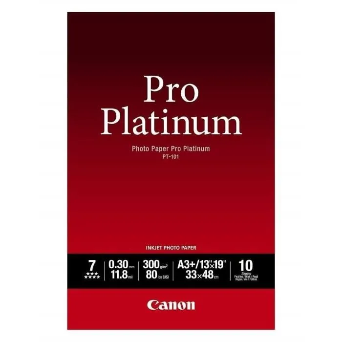 Canon Papier Photo Pro Platinum PT-101 300g/m² Format A3+ - Lot de 10 Feuilles - Finition Brillante