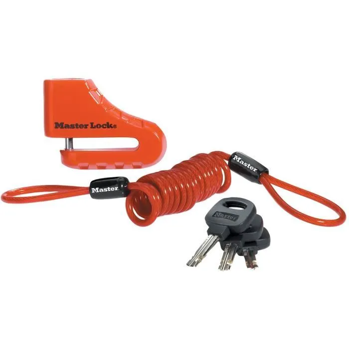 Master Lock 8303EURDPS Antivol moto bloque-disque rouge 80 mm, 3 clés, garantie à vie - Haute sécurité