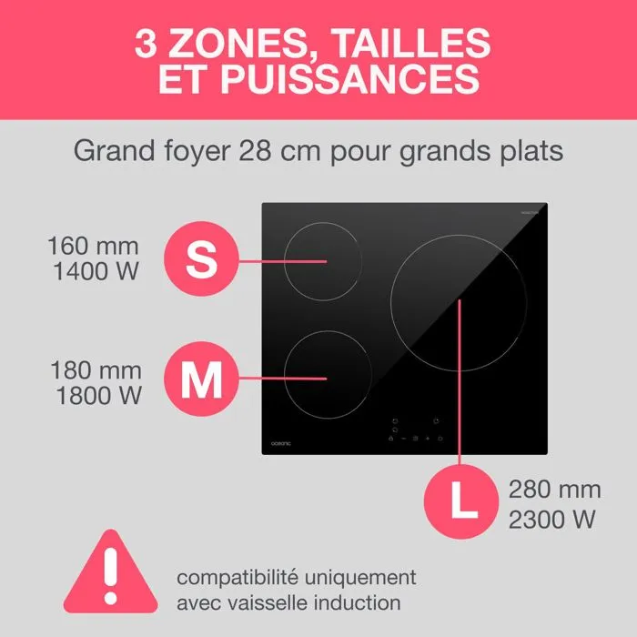 Oceanic Plaque à induction 3 foyers OCEATI3Z7B, 5500 W, dimensions 60 x 52 cm, commandes tactiles, minuterie
