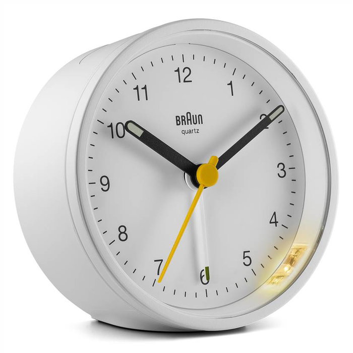Braun Réveil Analogique Classique BC-12-W Blanc - Mecanisme Silencieux, Alarme Progressive et Aiguilles Luminiscentes