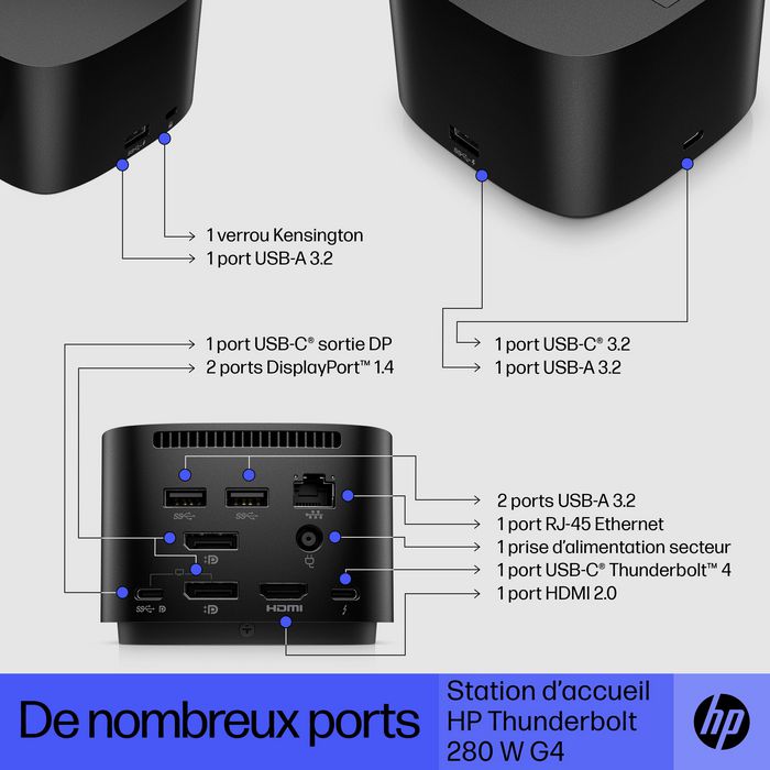 HP Station d'accueil Thunderbolt 4 G4 280 W avec câble combo - Compatible multi-marques, jusqu'à 4 écrans 4K, ports multiples (USB-C, HDMI, DisplayPort, USB-A, RJ45)