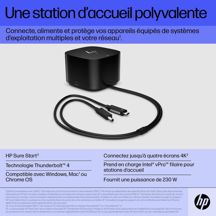 HP Station d'accueil Thunderbolt 4 G4 280 W avec câble combo - Compatible multi-marques, jusqu'à 4 écrans 4K, ports multiples (USB-C, HDMI, DisplayPort, USB-A, RJ45)