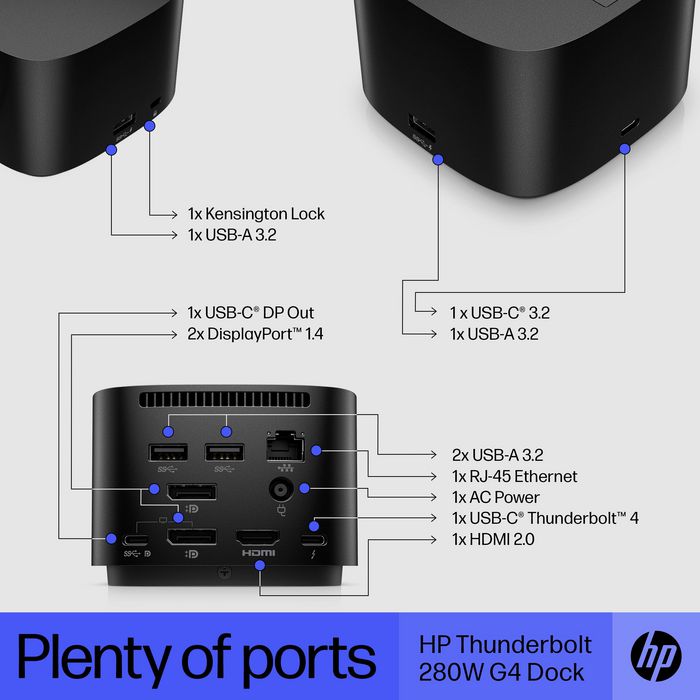 HP Station d'accueil Thunderbolt 4 G4 280 W avec câble combo - Compatible multi-marques, jusqu'à 4 écrans 4K, ports multiples (USB-C, HDMI, DisplayPort, USB-A, RJ45)