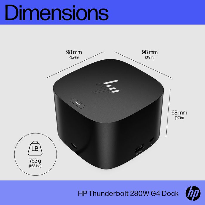 HP Station d'accueil Thunderbolt 4 G4 280 W avec câble combo - Compatible multi-marques, jusqu'à 4 écrans 4K, ports multiples (USB-C, HDMI, DisplayPort, USB-A, RJ45)