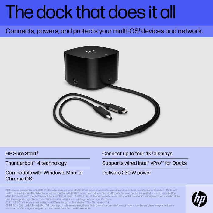 HP Station d'accueil Thunderbolt 4 G4 280 W avec câble combo - Compatible multi-marques, jusqu'à 4 écrans 4K, ports multiples (USB-C, HDMI, DisplayPort, USB-A, RJ45)