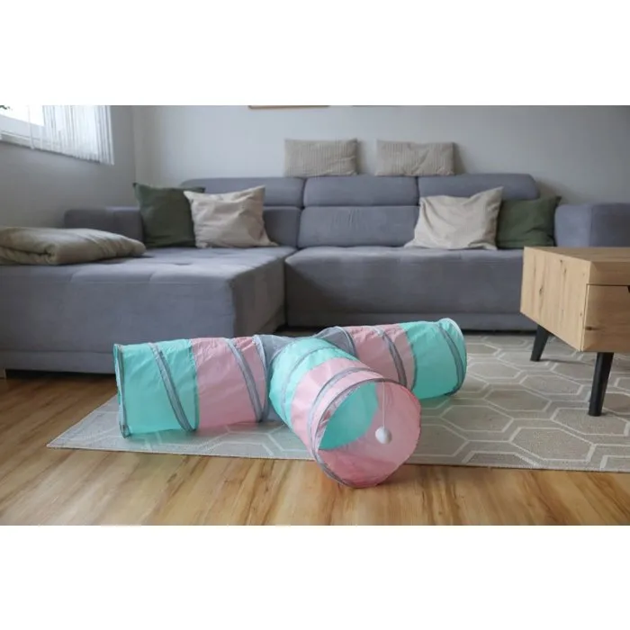 Kerbl Tunnel pour chat Triangle Turquoise/rose/gris