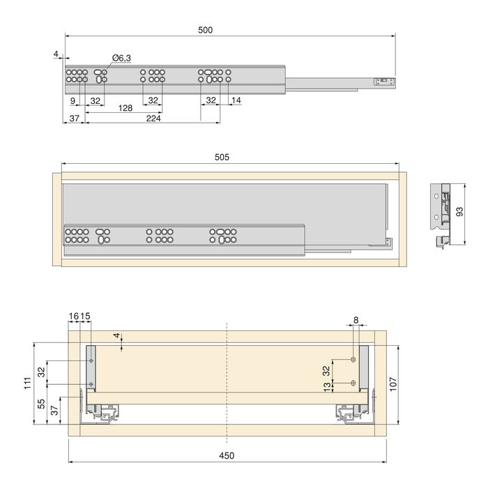 Emuca Kit de tiroirs pour cuisine ou salle de bains Vertex, hauteur 93mm, avec panneaux inclus, module 450mm, peint en blanc