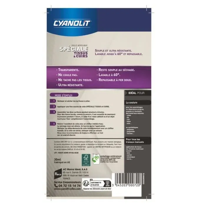 Cyanolit - Colle spéciale tissu flexible et durable pour réparations textiles, coton, lin, cuir, laine, tissus synthétiques, tube 50g