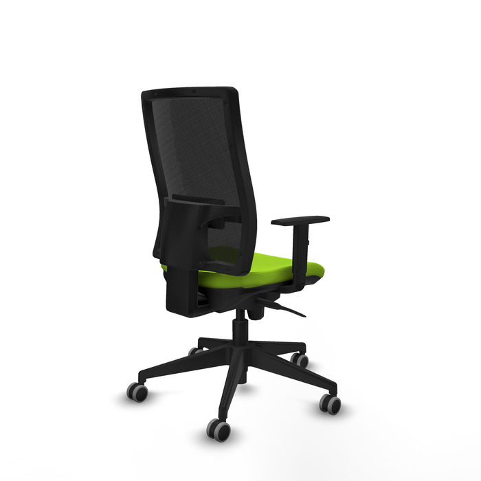 Chaise Horna Synchro 5 positions cuir écologique Vert pistache Maille Noir Base pyramidale noire Accoudoir 1D Sans appui-tête Roulettes 65mm pour moquette