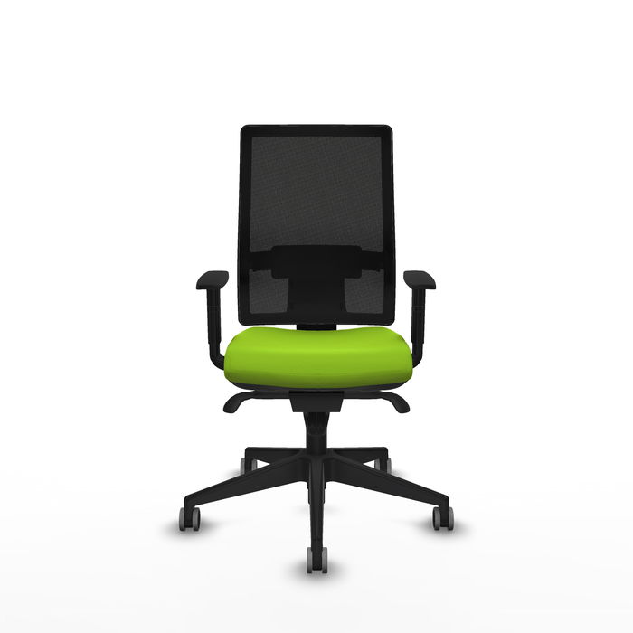 Chaise Horna Synchro 5 positions cuir écologique Vert pistache Maille Noir Base pyramidale noire Accoudoir 1D Sans appui-tête Roulettes 65mm pour moquette