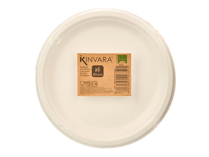 Kinvara Set de 6 assiettes plates biodégradables blanc 25,4 x 3 cm papier compostable (Set de 64)
