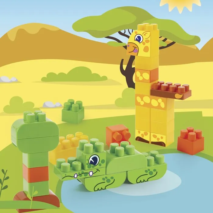 ECOIFFIER Abrick 1445 - Baril de rangement Jungle 70 pièces - Jeu de construction avec animaux (girafe, singe, crocodile) - Pour enfant dès 18 mois