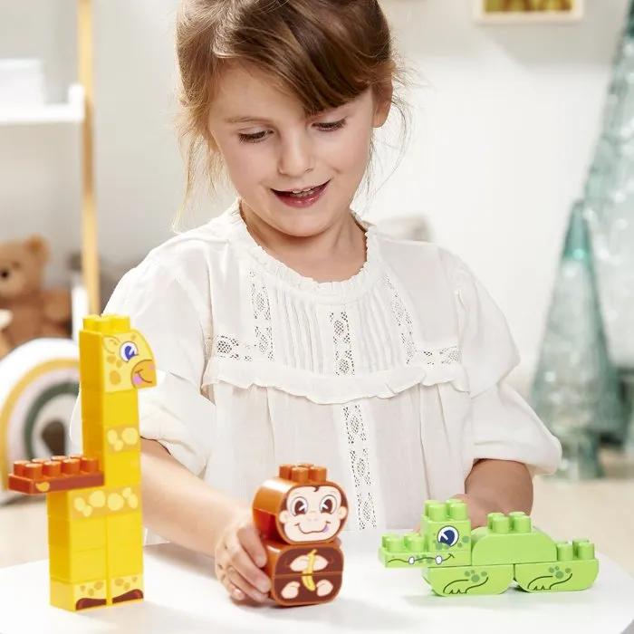 ECOIFFIER Abrick 1445 - Baril de rangement Jungle 70 pièces - Jeu de construction avec animaux (girafe, singe, crocodile) - Pour enfant dès 18 mois