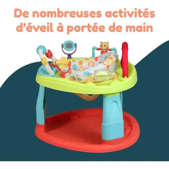 Bambisol Base d'Activités pour Bébé - Siège Rotatif 360°, 3 Hauteurs Réglables avec Tablette Musicale, Jouets, Hochets et Miroir - Multicolore