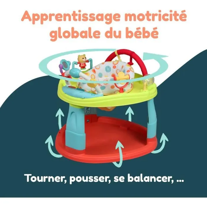 Bambisol Base d'Activités pour Bébé - Siège Rotatif 360°, 3 Hauteurs Réglables avec Tablette Musicale, Jouets, Hochets et Miroir - Multicolore