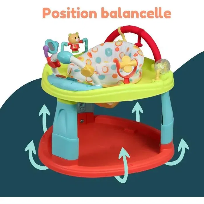 Bambisol Base d'Activités pour Bébé - Siège Rotatif 360°, 3 Hauteurs Réglables avec Tablette Musicale, Jouets, Hochets et Miroir - Multicolore