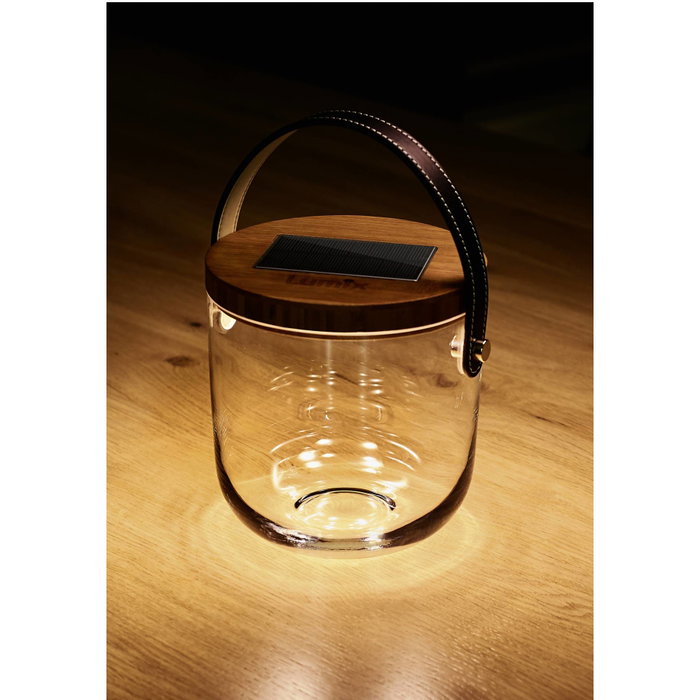 Krinner Lumix Deco Glass Basic, Lampe en verre blanc/transparent avec couvercle en bambou et chargement solaire Krinner Lumix Deco Glass Basic, Lampe en verre blanc/transparent avec couvercle en bambou et chargement solaire