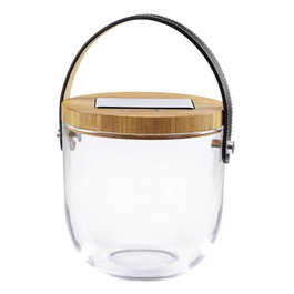 Krinner Lumix Deco Glass Basic, Lampe en verre blanc/transparent avec couvercle en bambou et chargement solaire