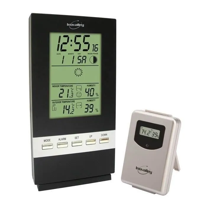 Inovalley SM300-B Station Météo Sans Fil Radio - Mesure Température, Hygrométrie Intérieure/Extérieure, Phases de Lune, Calendrier, Réveil, Affichage Icons