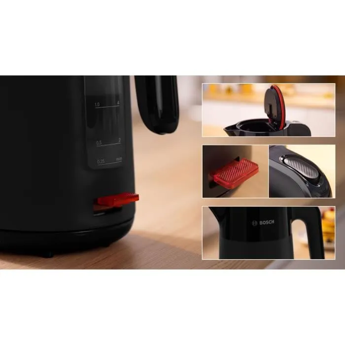 Bosch Bouilloire Electrique MyMoment TWK2M163 - 2400W - 1.7L - Noire Mate - Indicateur de Tasses et Niveau d'Eau - Filtre Anti-Calcaire - Arrêt Automatique