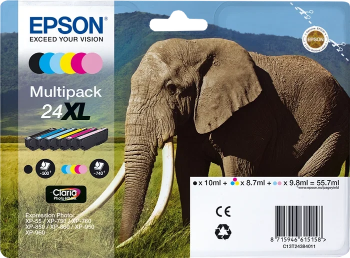 Epson 24 XL Multipack Noir / Cyan / Magenta / Jaune / Cyan (clair) / Magenta (clair) (C13T24384011) 6 cartouches d'encre Epson 24 XL Multipack Noir / Cyan / Magenta / Jaune / Cyan (clair) / Magenta (clair) (C13T24384011) 6 cartouches d'encre