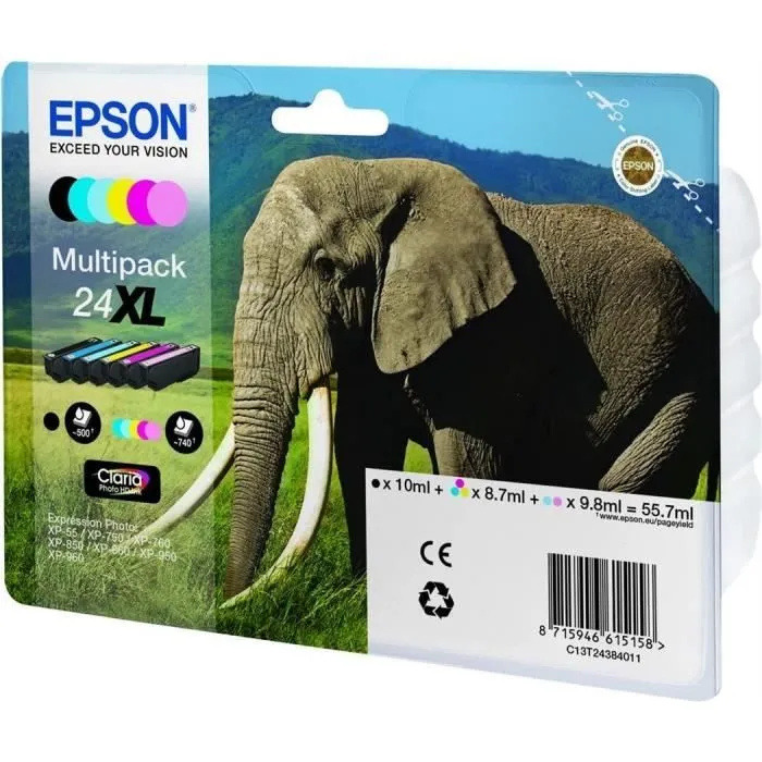 Epson C13T24384011 - Pack de 6 cartouches XL Claria Photo HD - Éléphant - Noir, Jaune, Cyan, Magenta, Cyan clair, Magenta clair
