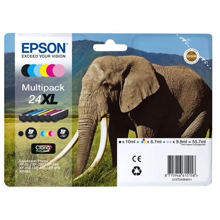 Epson C13T24384011 - Pack de 6 cartouches XL Claria Photo HD - Éléphant - Noir, Jaune, Cyan, Magenta, Cyan clair, Magenta clair