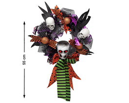Couronne Décorative d'Halloween avec Crânes, Noeuds et Yeux Rouges 55 cm - Décoration Murale et de Porte