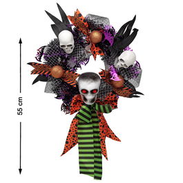 Couronne Décorative d'Halloween avec Crânes, Noeuds et Yeux Rouges 55 cm - Décoration Murale et de Porte