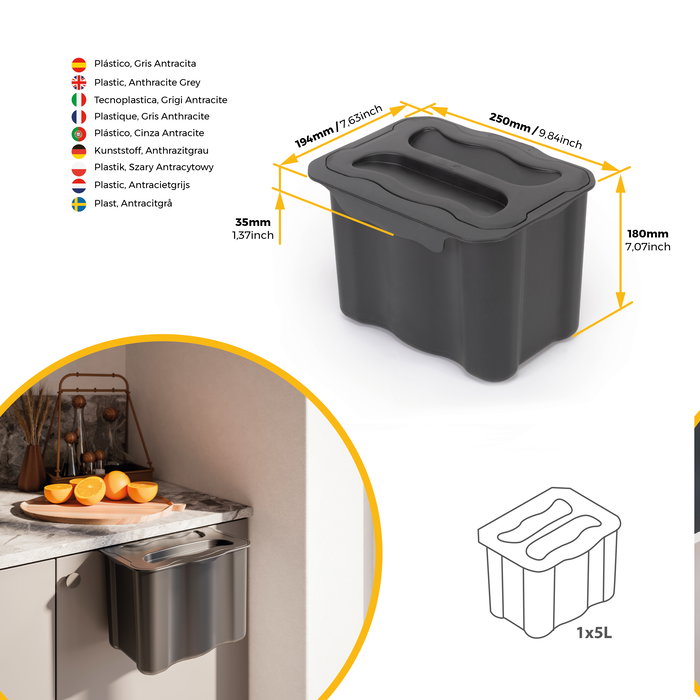Emuca poubelle de recyclage pour suspendre la porte et collecter les déchets Recyclage, 1 x bac de 5 litres, avec couvercle, Plastique gris anthracite