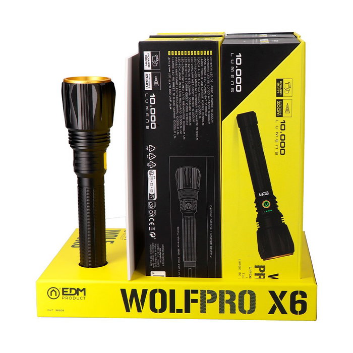 Edm Wolfpro X6 Lampe Torche LED Tactique 10000 Lumens Haute Portée 200m 6500K 100W Zoom USB-C Rechargeable avec Batterie 21700