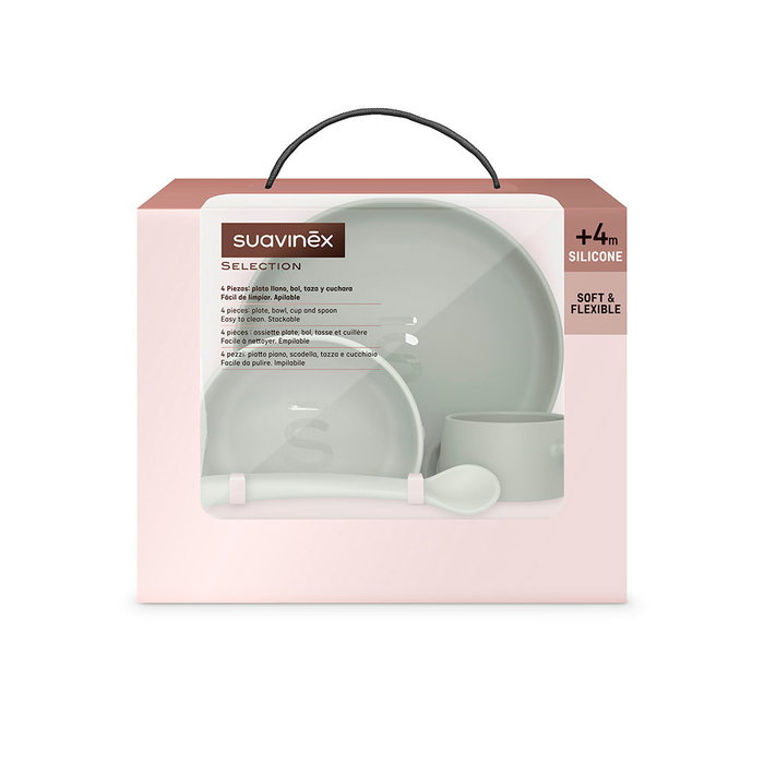 Suavinex Ensemble Vaisselle Bébé Silicone Vert 4 Pièces avec Ventouse et Cuillère Souple pour diversification alimentaire