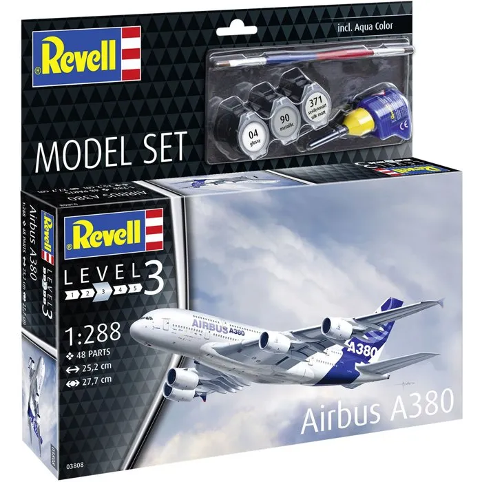 Revell - Maquette Airbus A380 - Model Set Complet avec Colle, Peintures et Accessoires - Reproduction Détailée du Plus Grand Avion de Ligne