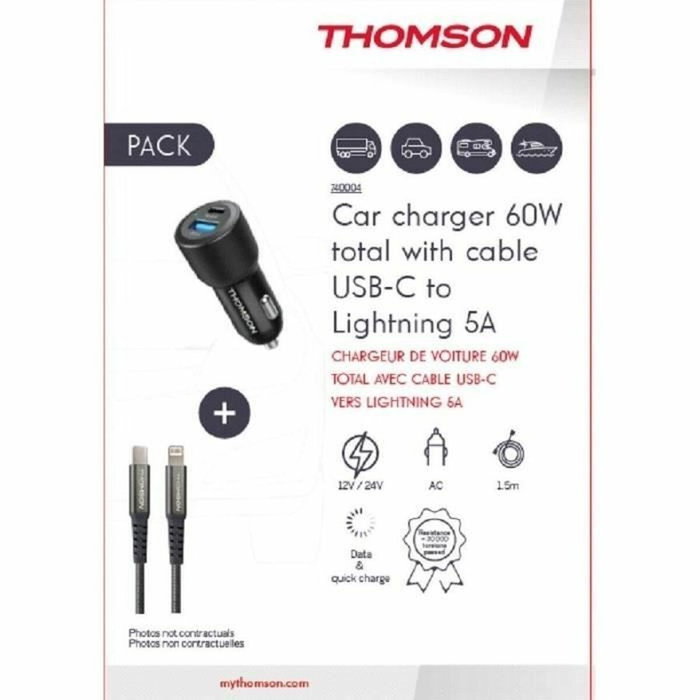 Thomson Pack chargeur de voiture 60 W et câble USB-C vers Lightning 5A 1,5 m