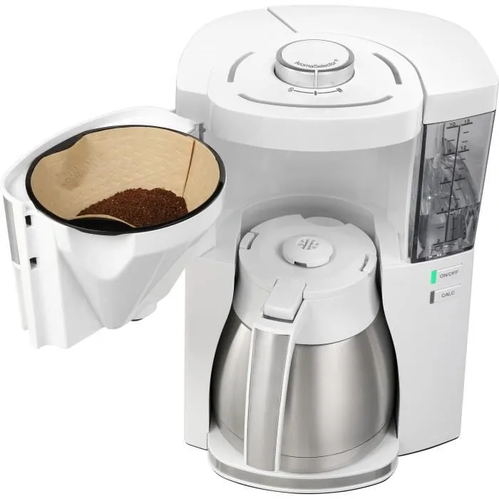 Melitta Cafetière filtre Look V Therm Perfection 1025-15, Blanc/Acier Brossé, 10 tasses, Fonction AromaSelector pour intensité réglable