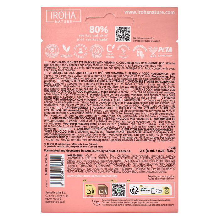 Iroha Patchs Lumineux Anti-Fatigue pour Cernes et Poches, Soin Contour des Yeux Fraîcheur et Éclat, 2 Unités