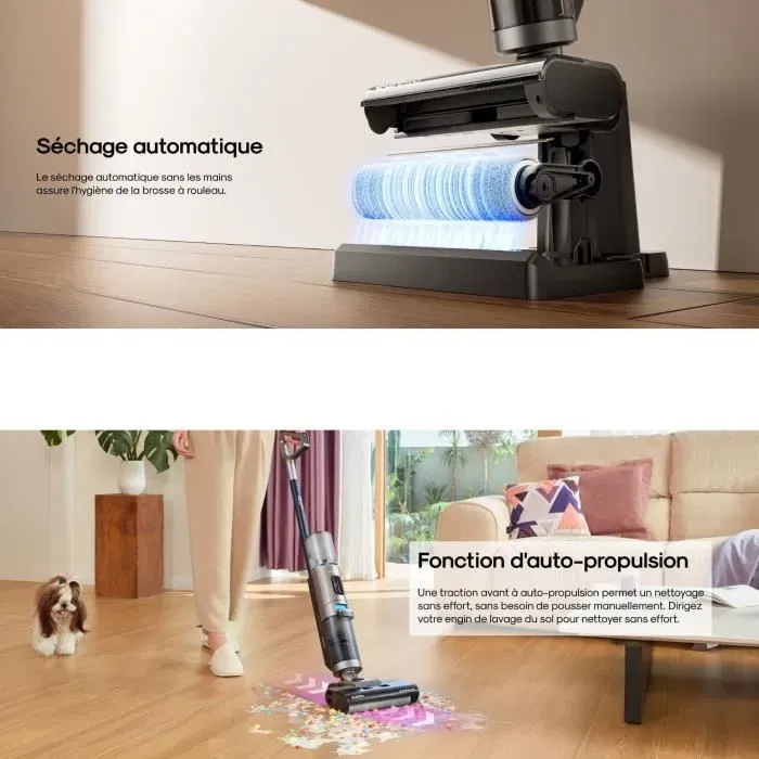 Eureka NEW430 - Aspirateur laveur sans fil autonettoyant, 15000 Pa, double réservoir 800 ml/450 ml, idéal poils d'animaux et sols durs, mode sec, écran LED, guidage vocal