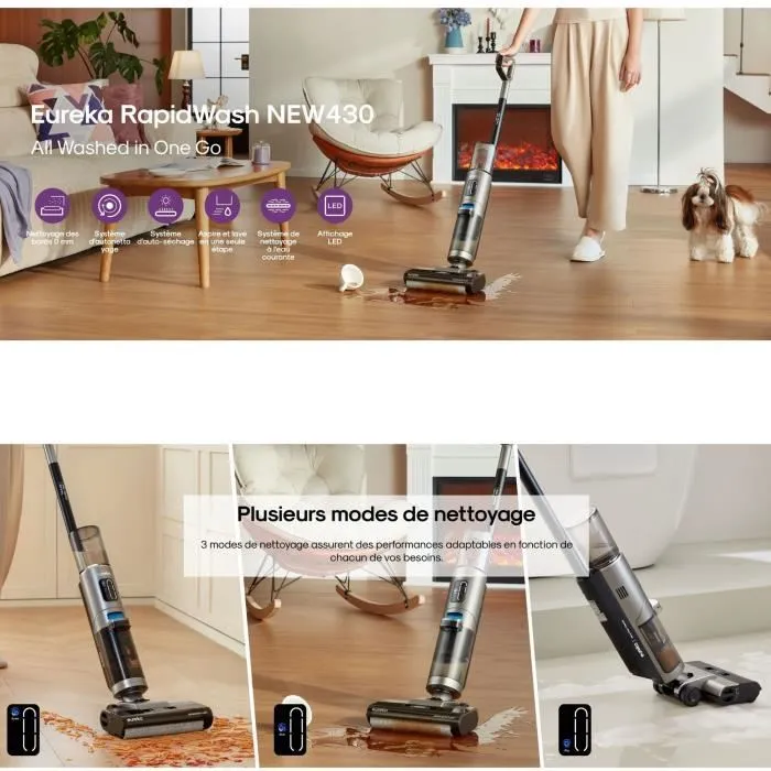 Eureka NEW430 - Aspirateur laveur sans fil autonettoyant, 15000 Pa, double réservoir 800 ml/450 ml, idéal poils d'animaux et sols durs, mode sec, écran LED, guidage vocal