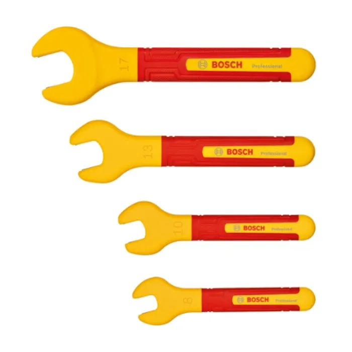 Bosch Professional Set de 4 clés plates VDE (8, 10, 13, 17 mm) certifiées jusqu'à 1000 V pour travaux électriques Bosch Professional Set de 4 clés plates VDE (8, 10, 13, 17 mm) certifiées jusqu'à 1000 V pour travaux électriques