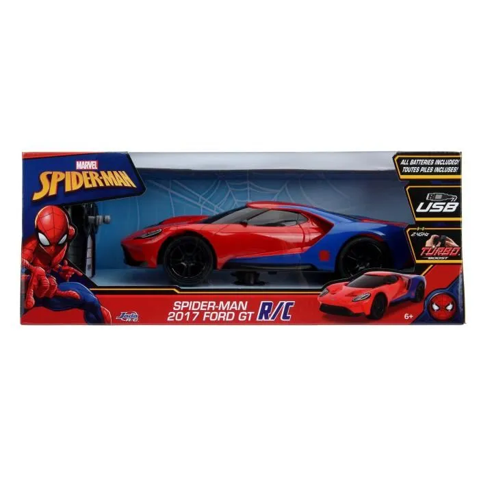 Dickie Toys Voiture Radiocommandée Ford GT Spider-Man 1/16 avec Télécommande 2.4 GHz et Batterie Rechargeable USB - Véhicule de Course pour Enfants
