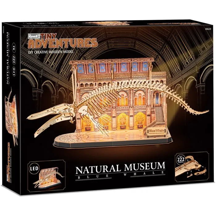 Revell Tiny Adventures - Puzzle 3D en bois Natural Museum - Baleine Bleue avec éclairage LED - 222 pièces - Décoration et loisir créatif