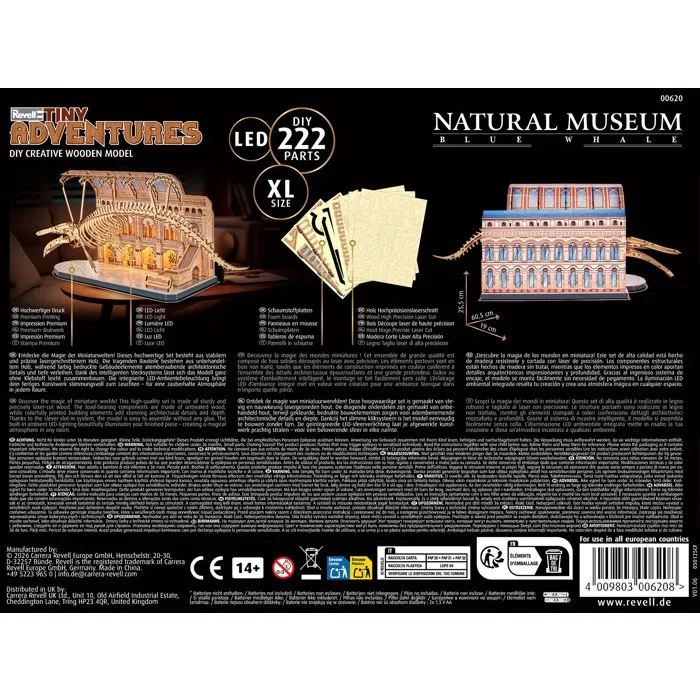 Revell Tiny Adventures - Puzzle 3D en bois Natural Museum - Baleine Bleue avec éclairage LED - 222 pièces - Décoration et loisir créatif