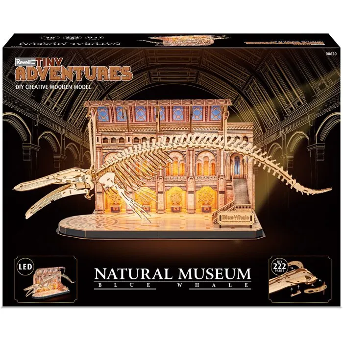 Revell Tiny Adventures - Puzzle 3D en bois Natural Museum - Baleine Bleue avec éclairage LED - 222 pièces - Décoration et loisir créatif
