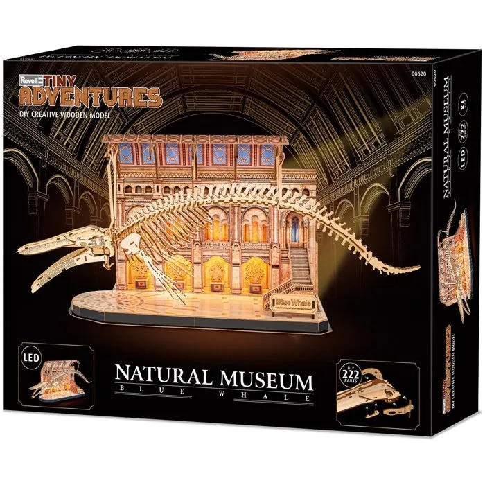 Revell Tiny Adventures - Puzzle 3D en bois Natural Museum - Baleine Bleue avec éclairage LED - 222 pièces - Décoration et loisir créatif
