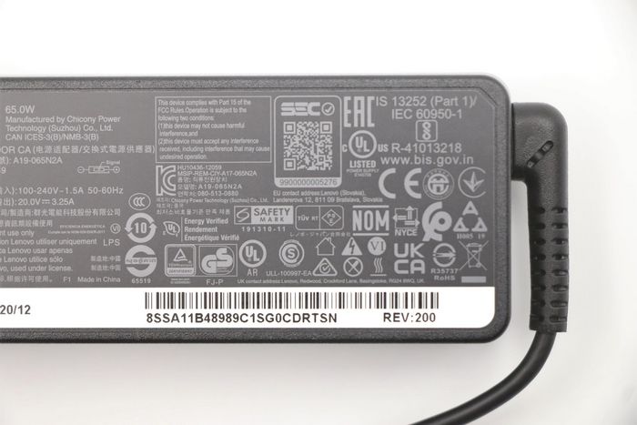 Lenovo Adaptateur Secteur 65W 20V/3.25A avec Connecteur Slim Tip, 100-240V, Efficacité 89%, Compatible ThinkPad IdeaPad Yoga ThinkCentre